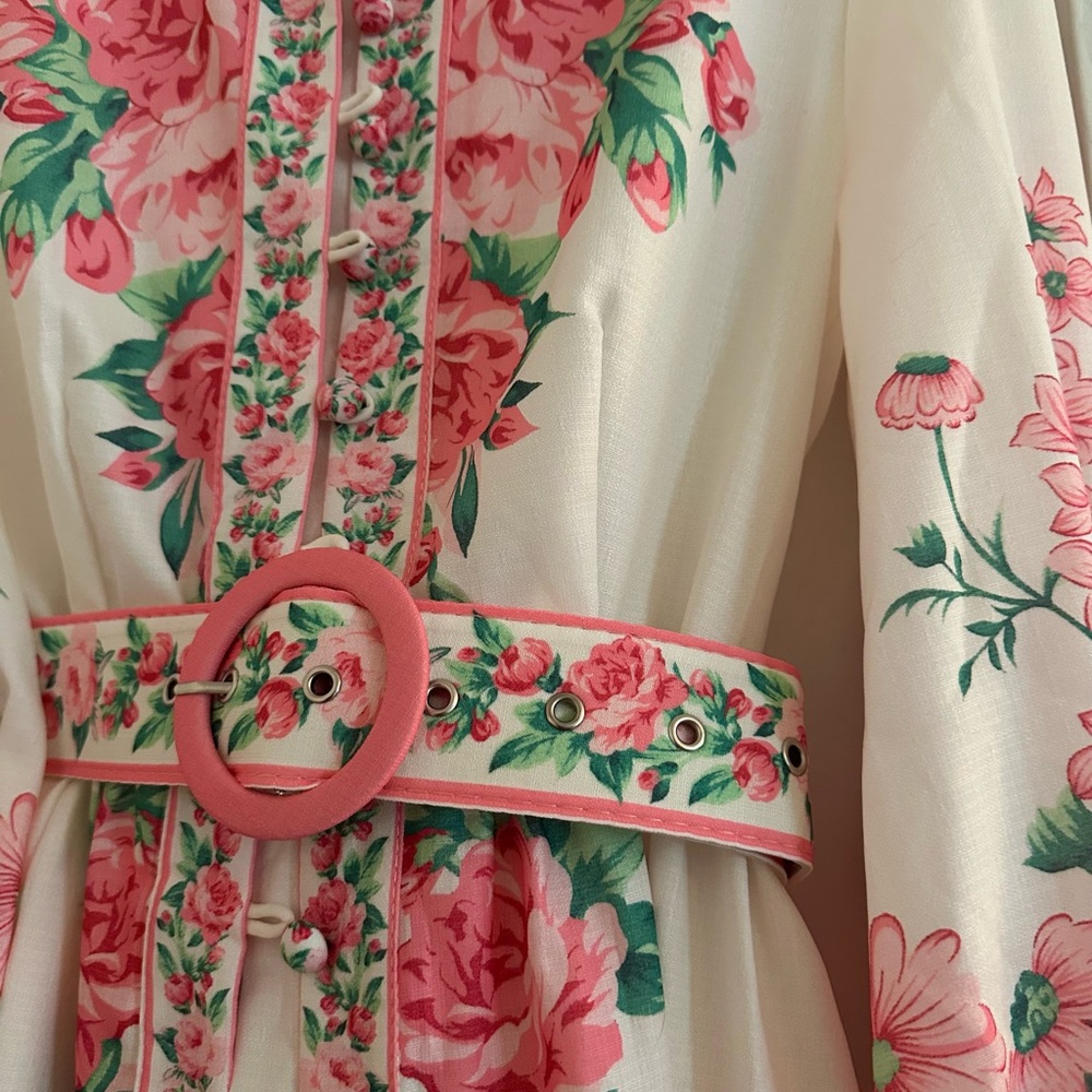 Floral Pink and Green Dress with Belt